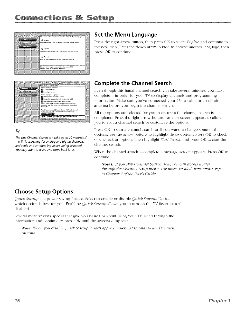 Set the menu language, Complete the channel search, Choose setup options | RCA Flat Panel Television User Manual | Page 16 / 64