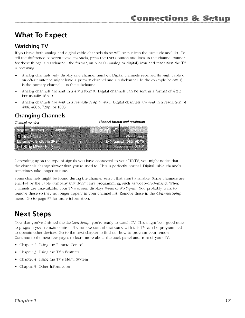 What to expect, Watching tv, Changing channels | Next steps, What to expect watching tv | RCA Flat Panel Television User Manual | Page 17 / 64