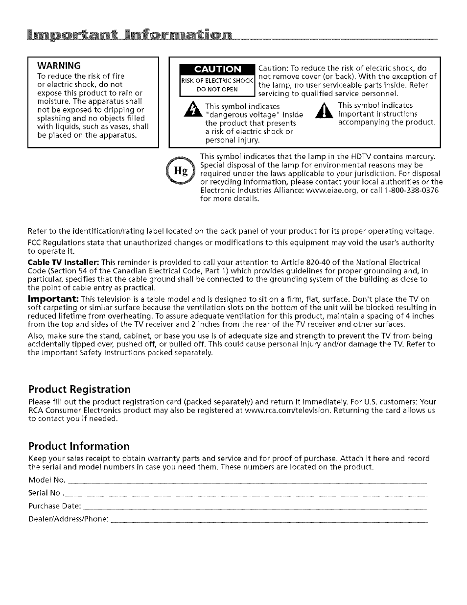 Caution, Product registration, Product information | RCA Flat Panel Television User Manual | Page 2 / 64