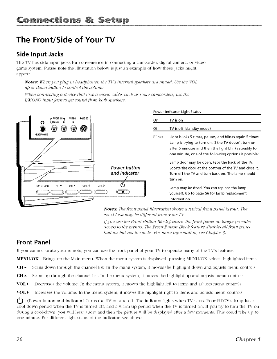 The front/side of your tv, Side input jacks, Front panel | Front panei, Chapter 1 | RCA Flat Panel Television User Manual | Page 20 / 64