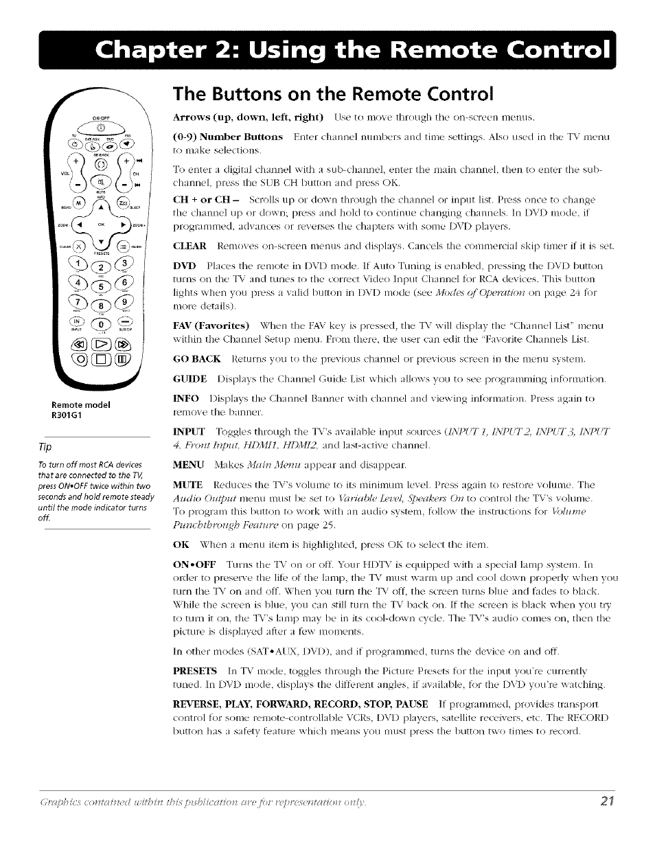 Chapter 2: using the remote control, The buttons on the remote control | RCA Flat Panel Television User Manual | Page 21 / 64