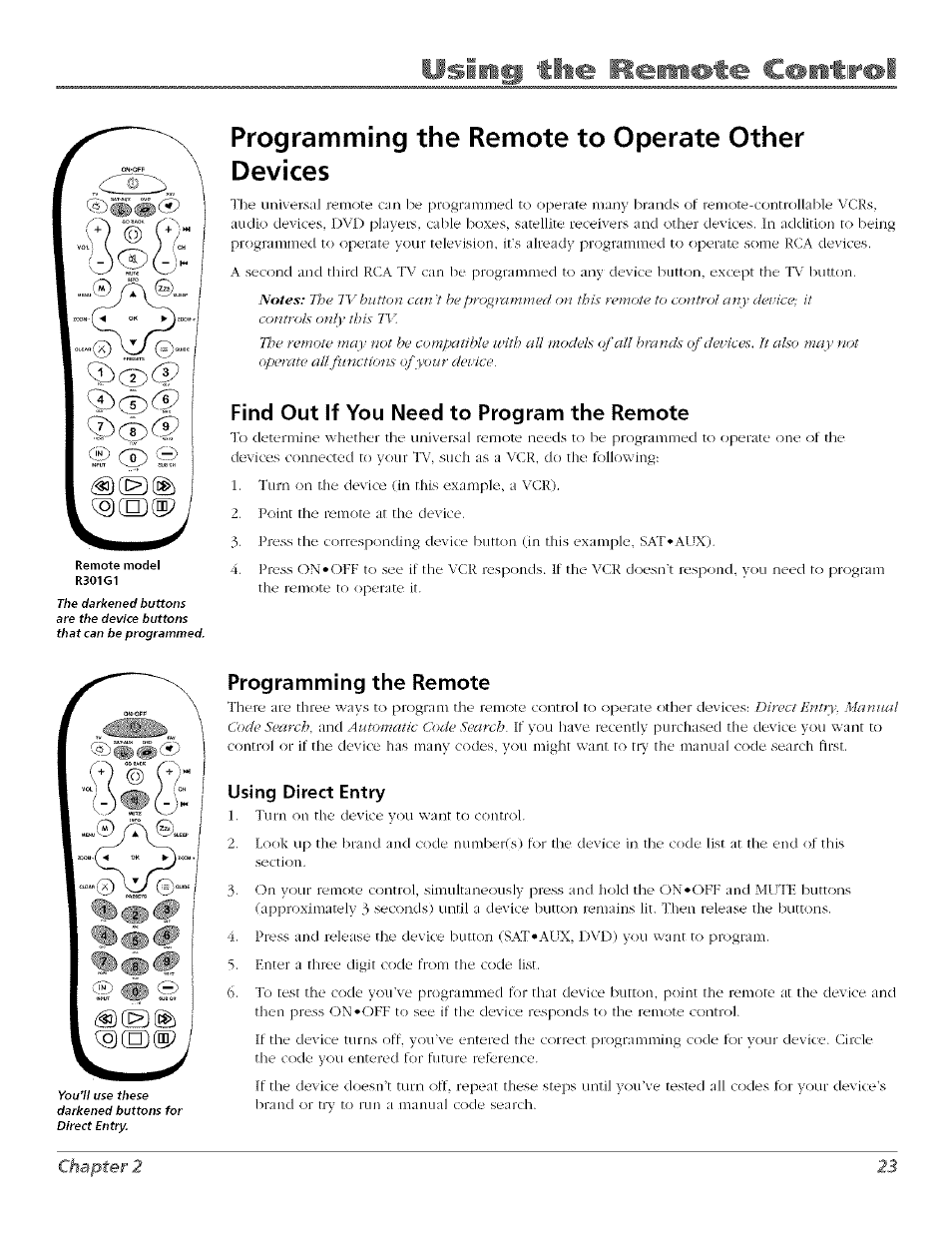 Programming the remote to operate other devices, Find out if you need to program the remote, Programming the remote | Using direct entry, Psiing tit . cointir, Chapter 2 23 | RCA Flat Panel Television User Manual | Page 23 / 64