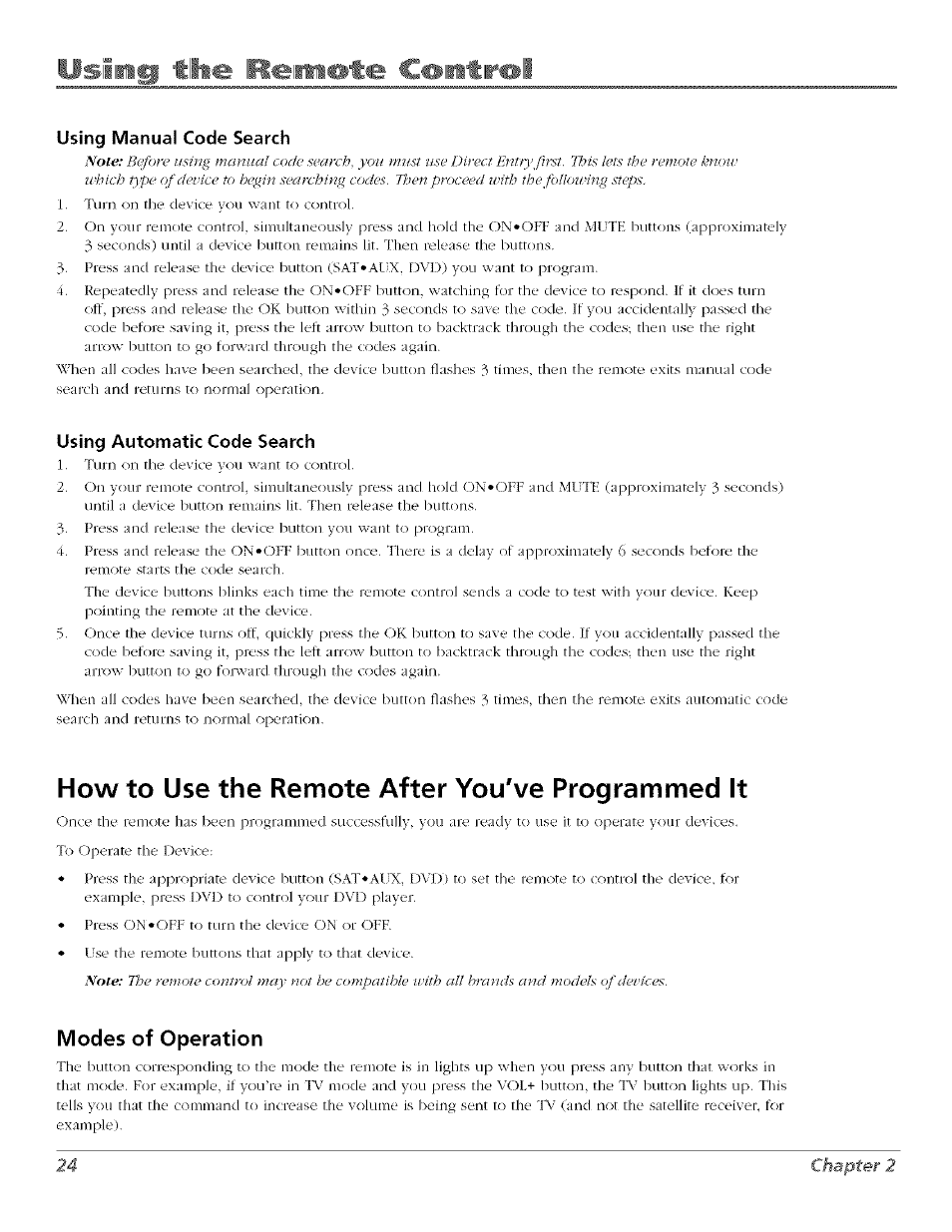 Using manual code search, Using automatic code search, How to use the remote after you've programmed it | Modes of operation, Iii . remote ci»iitir®ll | RCA Flat Panel Television User Manual | Page 24 / 64