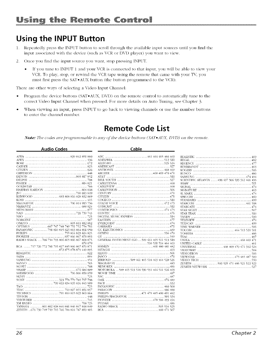 Using the input button, Remote code list, Using the input button remote code list | Iii . remote ci»iitir®ll, Chapter 2, Audio codes cable, Associated, The device, As vcr, Dvd player) | RCA Flat Panel Television User Manual | Page 26 / 64
