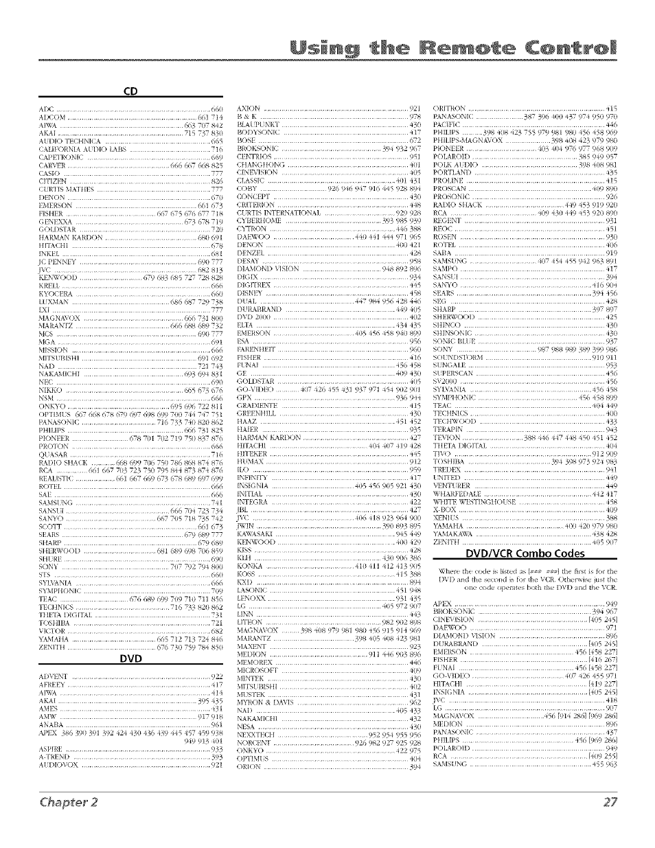 Using tit . 1евп®1е cointir, Chapter 2 27, Dvd/vcr combo codes | 41” 43i.) | RCA Flat Panel Television User Manual | Page 27 / 64