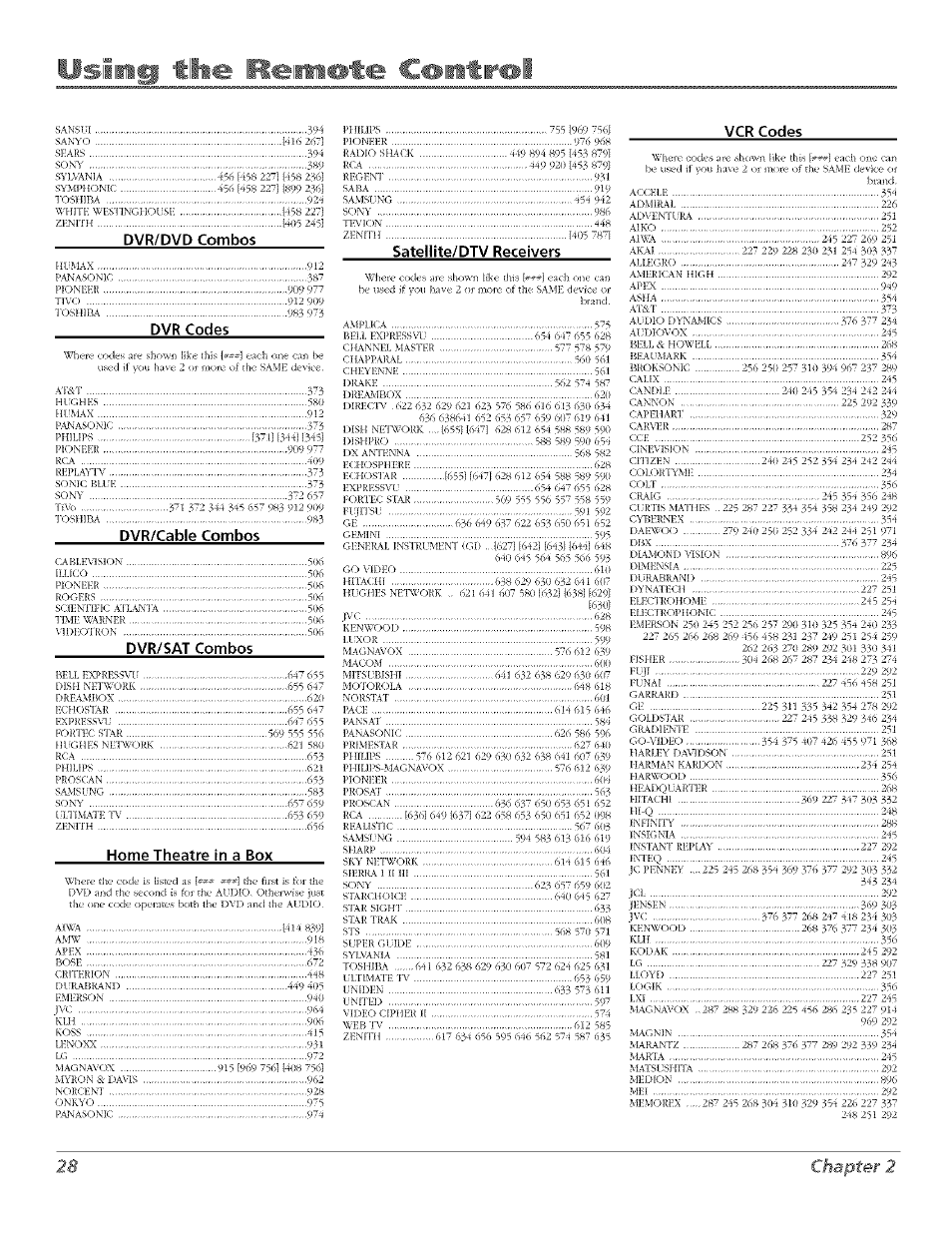 Iii . remote ci»iitir®ll, Chapter 2, Dvr/dvd combos | Dvr codes, Dvr/sat combos, Satellite/dtv receivers, Vcr codes, Dvr/cable combos, Home theatre in a box, Cour | RCA Flat Panel Television User Manual | Page 28 / 64