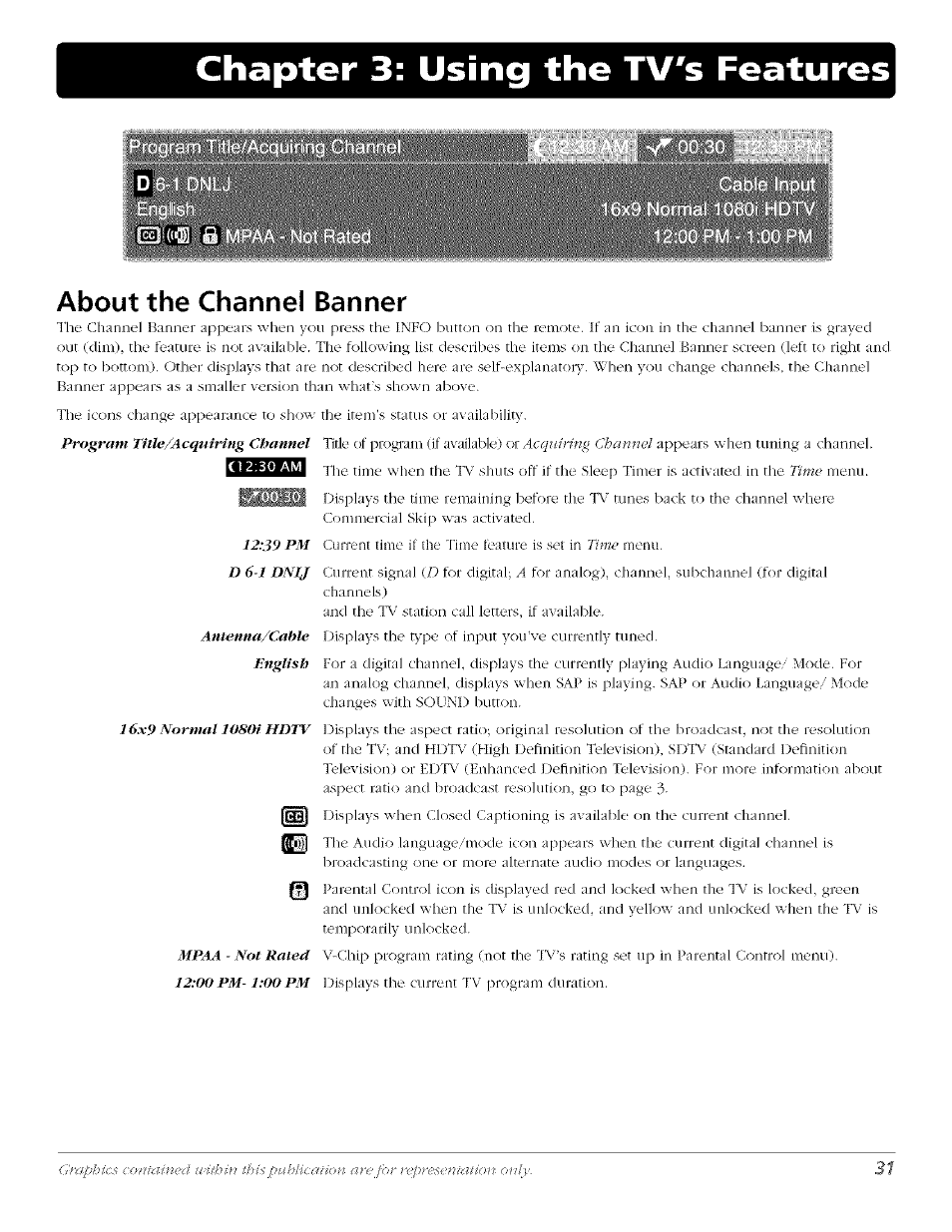 Chapter 3: using the tv 's р0э1иг05, About the channel banner | RCA Flat Panel Television User Manual | Page 31 / 64