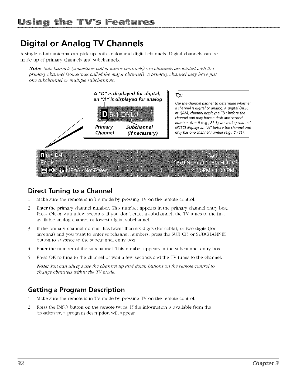 Using tl#«í 'tv's features, Digital or analog tv channels, Direct tuning to a channel | Getting a program description | RCA Flat Panel Television User Manual | Page 32 / 64