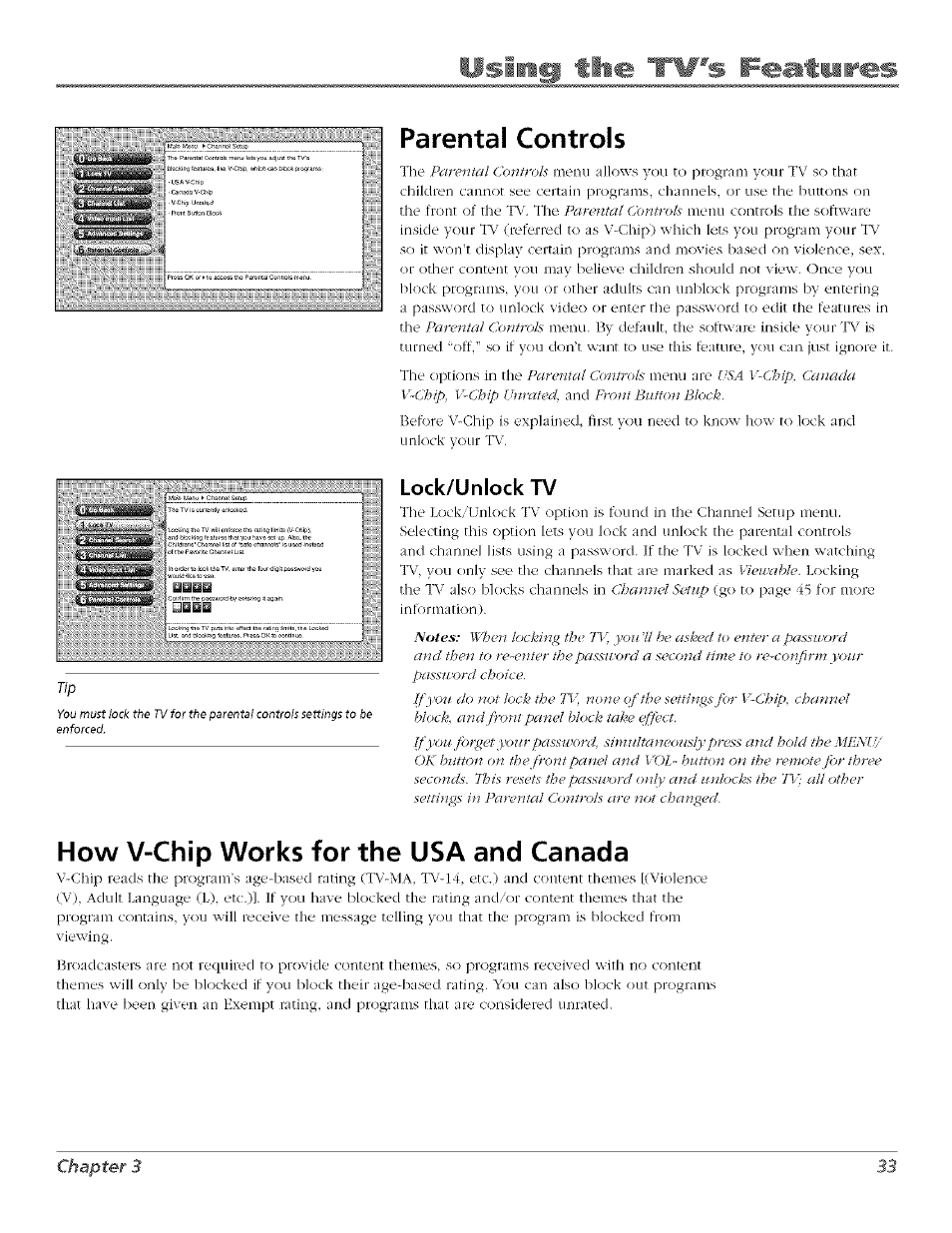 Parental controls, Lock/unlock tv, How v-chip works for the usa and canada | Psiin« tl, Tw's feat« res | RCA Flat Panel Television User Manual | Page 33 / 64