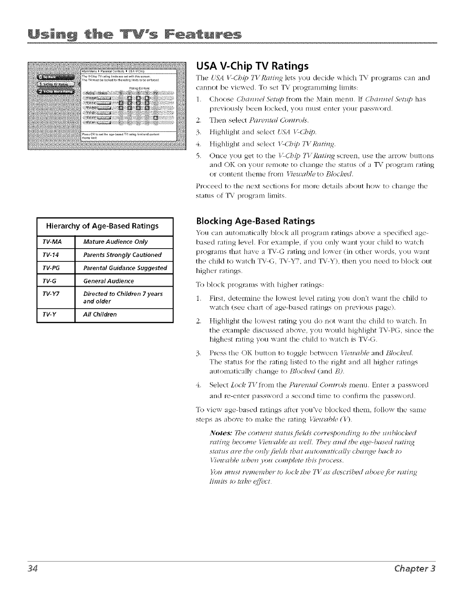 Using tl#«i 'tv's features, Usa v-chip tv ratings, Blocking age-based ratings | RCA Flat Panel Television User Manual | Page 34 / 64