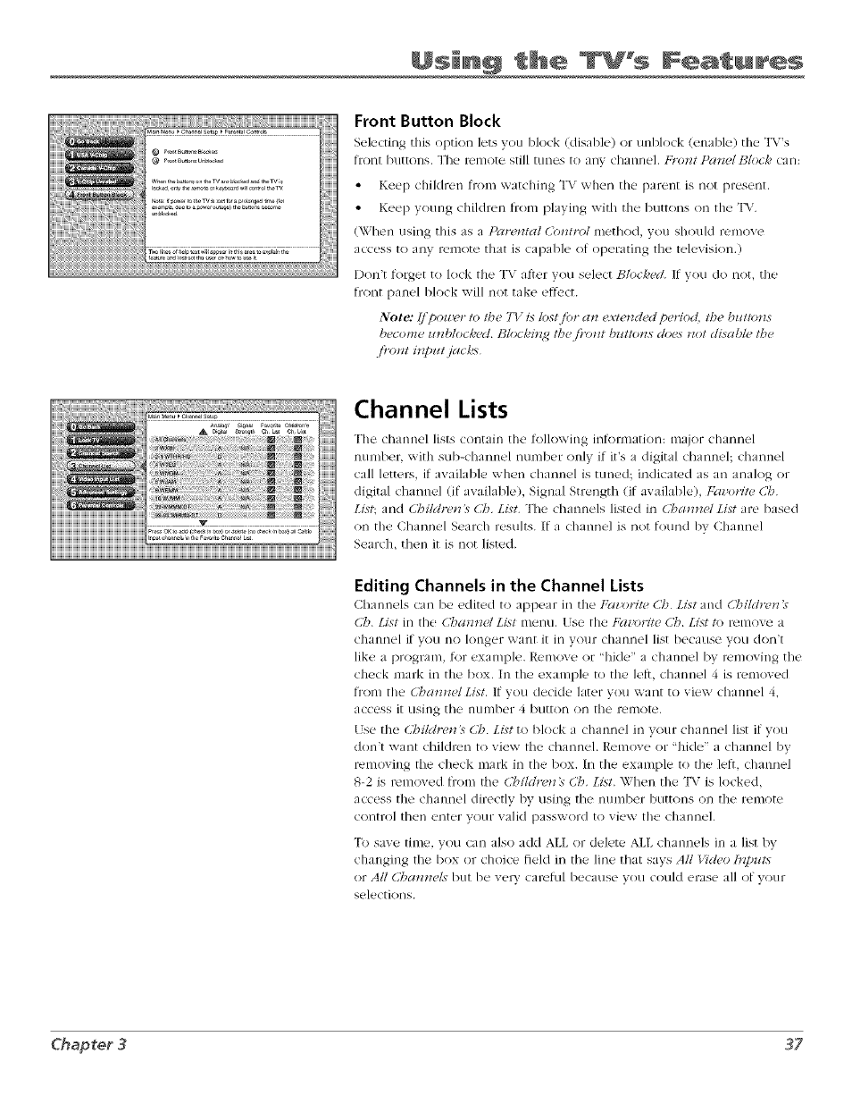 Front button block, Channel lists, Editing channels in the channel lists | Psiin« tl, Tw's feat« res | RCA Flat Panel Television User Manual | Page 37 / 64
