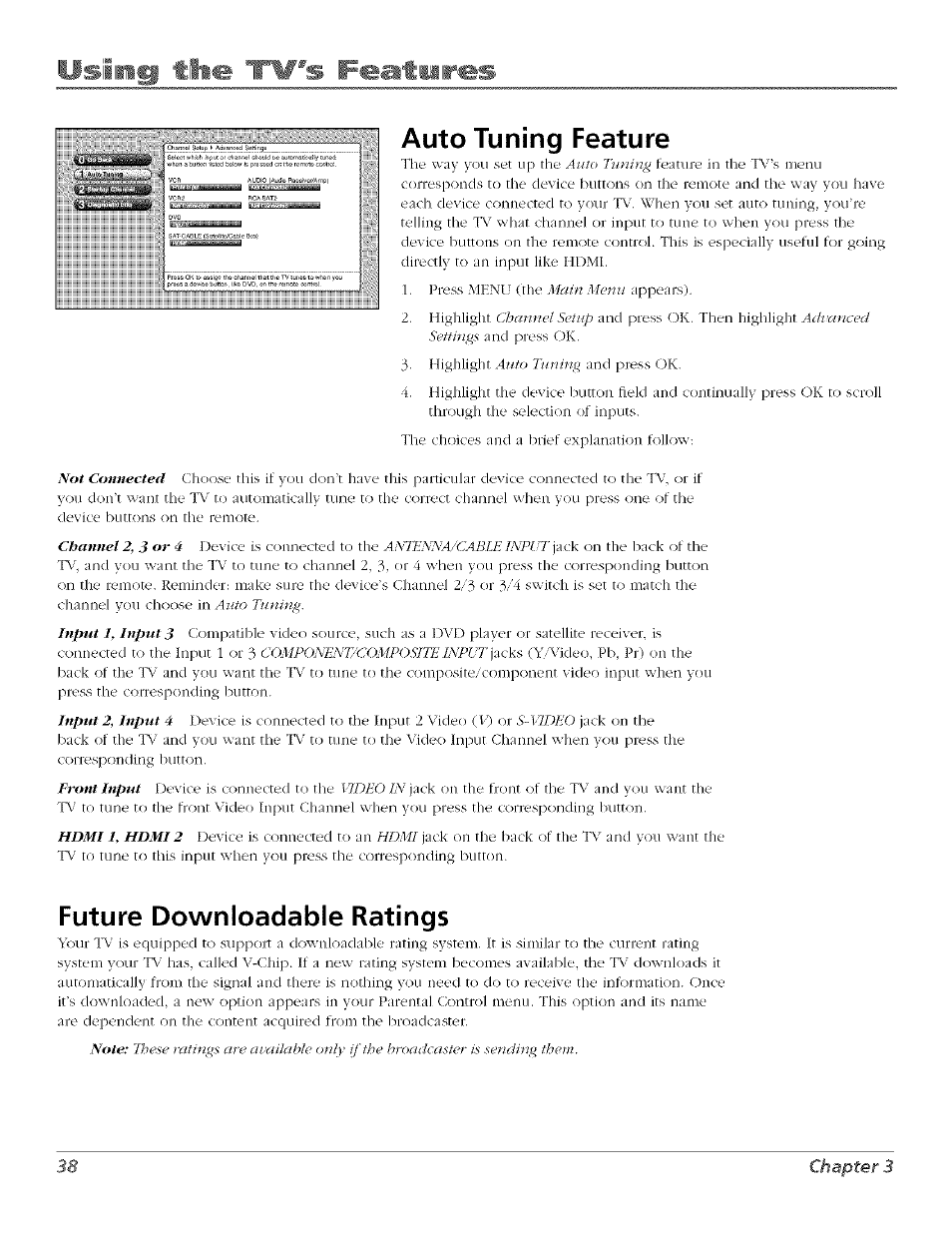 Auto tuning feature, Future downloadable ratings, Using tl#«í 'tv's features | RCA Flat Panel Television User Manual | Page 38 / 64