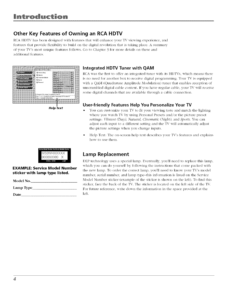 Other key features of owning an rca hdtv, Integrated hdtv tuner with qam, Lamp replacement | RCA Flat Panel Television User Manual | Page 4 / 64