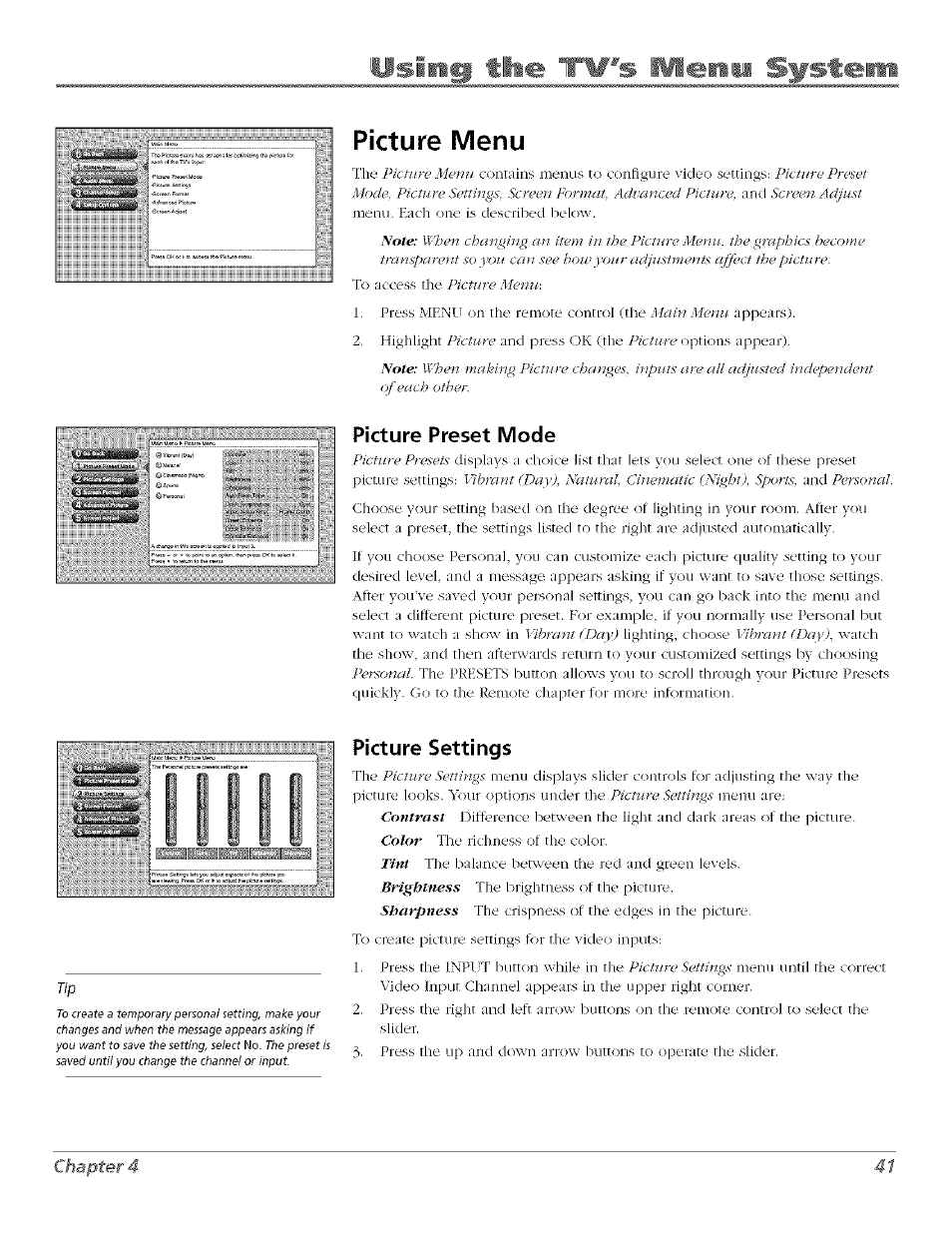 Picture menu, Picture preset mode, Picture settings | Picture preset mode picture settings, Psiing the tw's мети system, Chapter 4 41 | RCA Flat Panel Television User Manual | Page 41 / 64