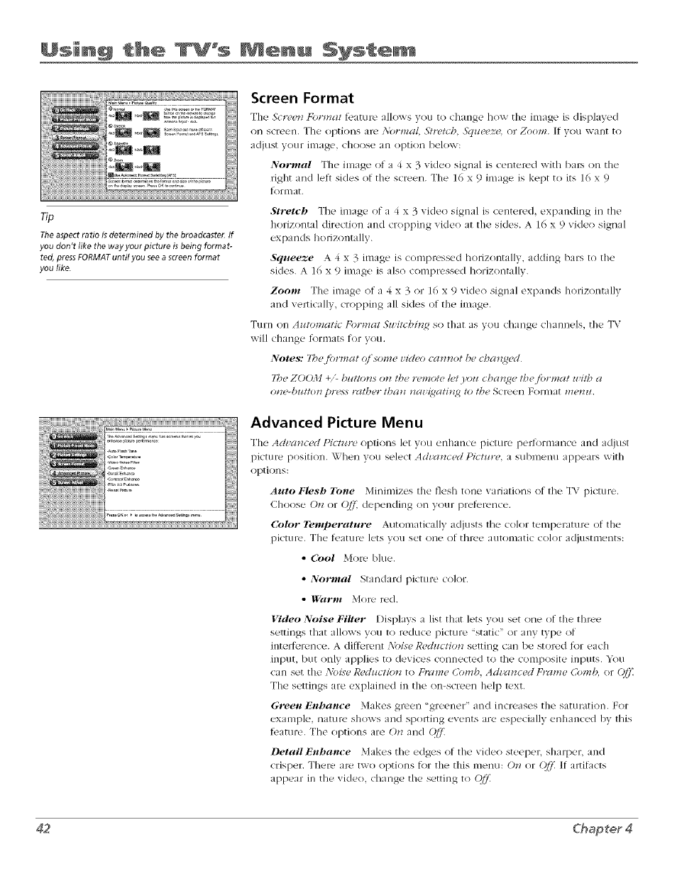 Screen format, Advanced picture menu, Screen format advanced picture menu | Using timi 'tv's wlenm system, 42 chapter 4 | RCA Flat Panel Television User Manual | Page 42 / 64
