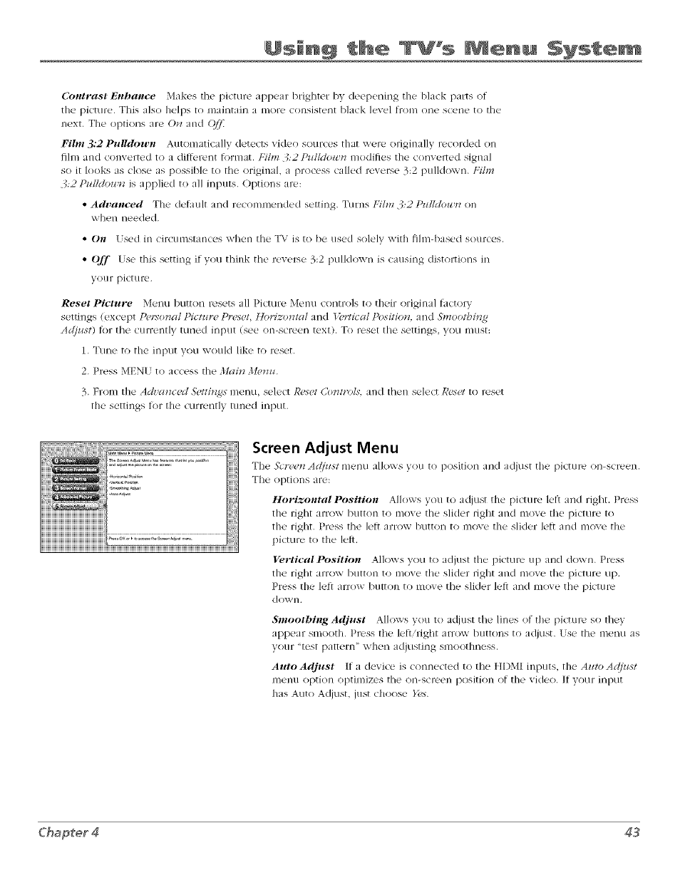 Screen adjust menu, Psiing the tw's meimi system, Chapter 4 43 | RCA Flat Panel Television User Manual | Page 43 / 64
