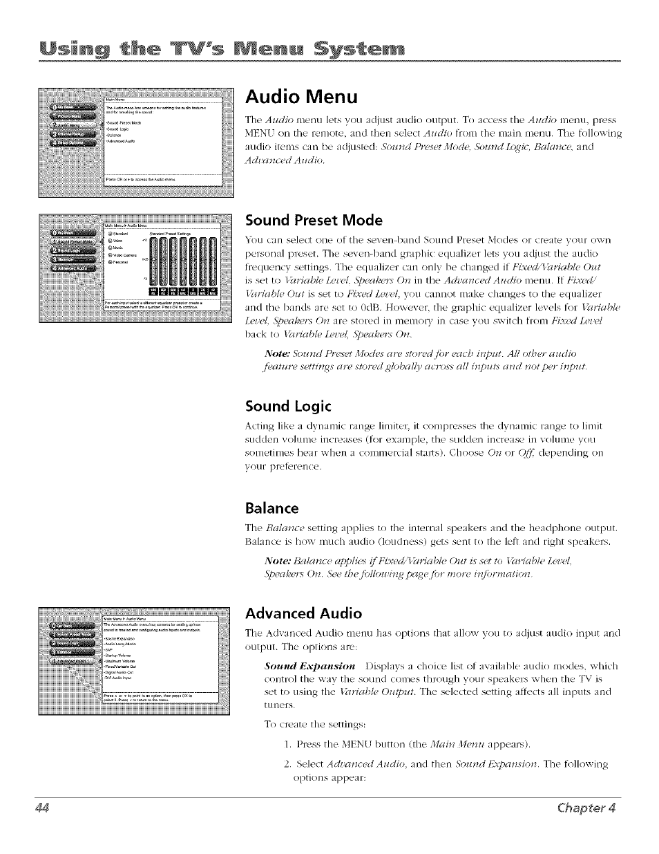 Audio menu, Sound preset mode, Sound logic | Balance, Advanced audio, Sound preset mode sound logic, Using timi 'tv's wlenm system, 44 chapter 4 | RCA Flat Panel Television User Manual | Page 44 / 64
