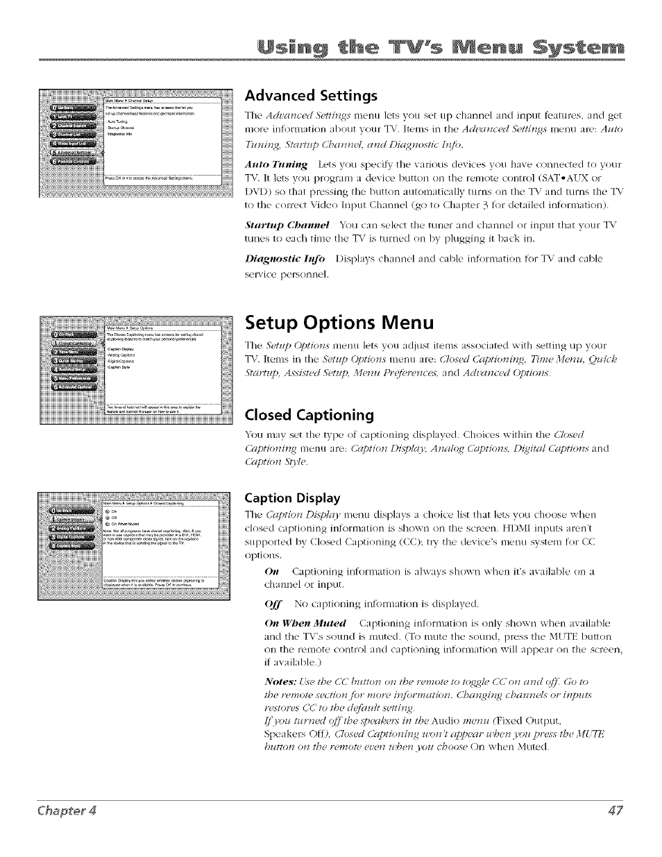 Advanced settings, Setup options menu, Closed captioning | Caption display, Psiing the tw's meimi system, Chapter 4 47 | RCA Flat Panel Television User Manual | Page 47 / 64