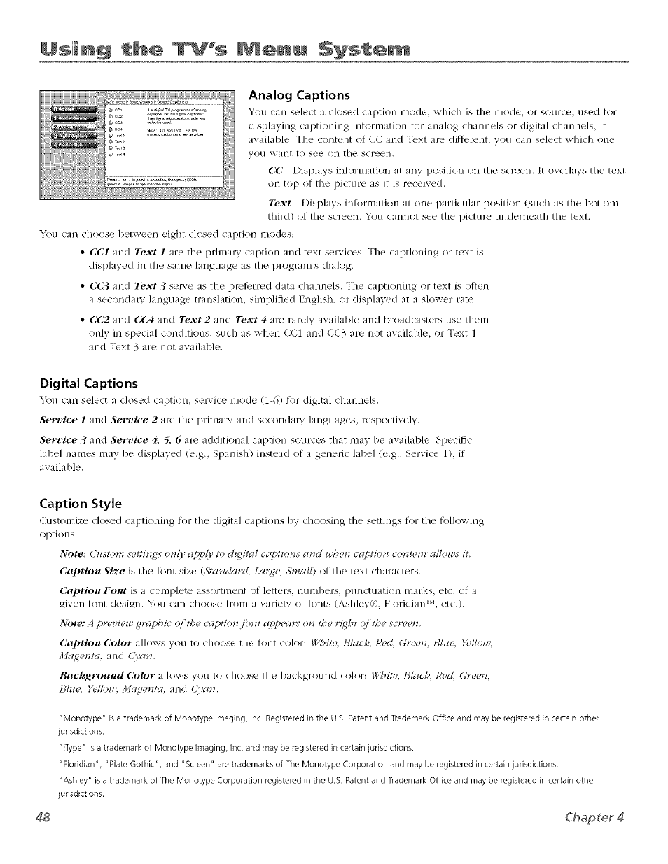 Analog captions, Digital captions, Caption style | Using timi 'tv's wlenm system, 48 chapter 4 | RCA Flat Panel Television User Manual | Page 48 / 64