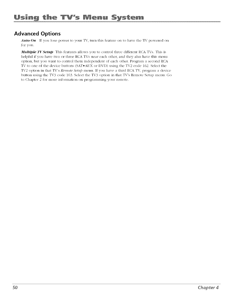 Advanced options, Using timi 'tv's wlenm system | RCA Flat Panel Television User Manual | Page 50 / 64