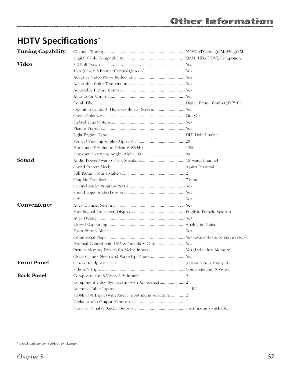 Hdtv specifications, Chaoter 5, Tuning capability | Video, Sound, Convenience, Front panel, Back panel | RCA Flat Panel Television User Manual | Page 57 / 64