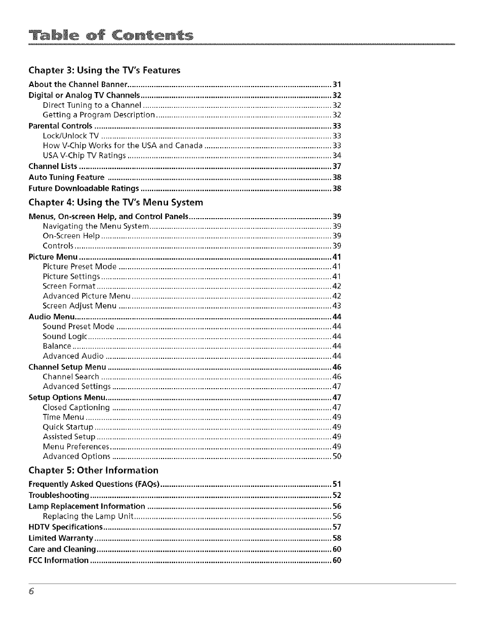 Iblle cointeints | RCA Flat Panel Television User Manual | Page 6 / 64