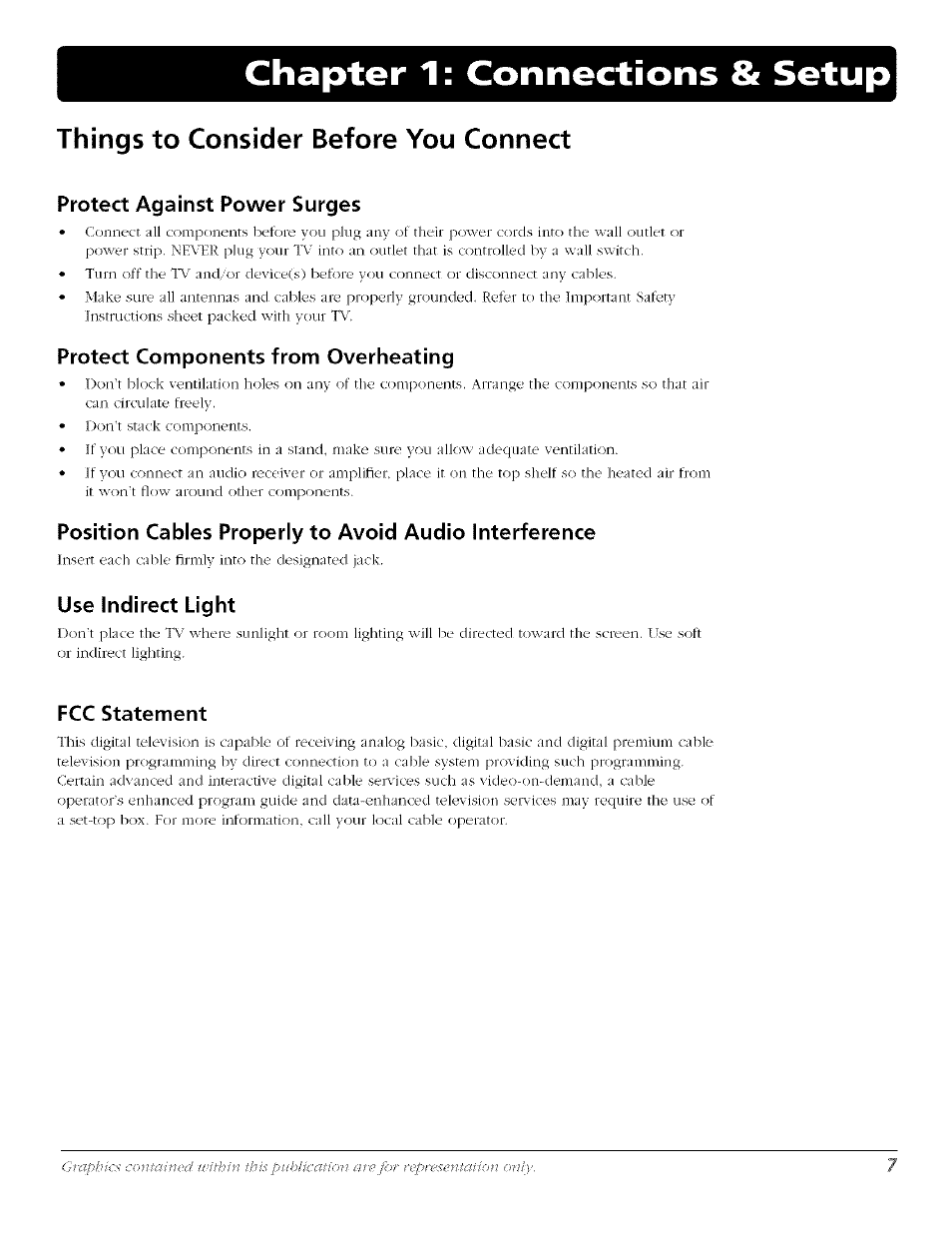 Chapter 1: connections & setup, Things to consider before you connect, Protect against power surges | Protect components from overheating, Use indirect light, Fcc statement | RCA Flat Panel Television User Manual | Page 7 / 64