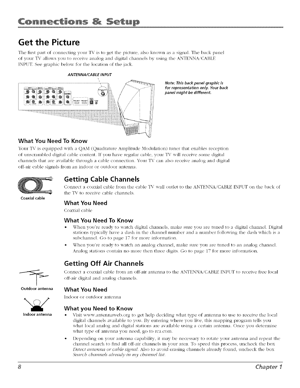Get the picture, Getting cable channels, Getting off air channels | Getting cable channels getting off air channels | RCA Flat Panel Television User Manual | Page 8 / 64
