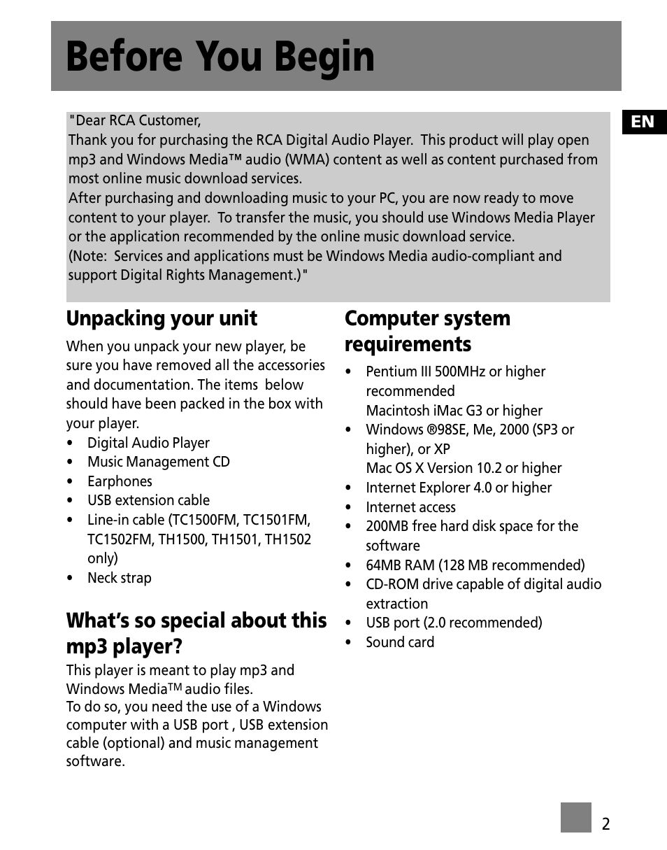 Before you begin, Unpacking your unit, What’s so special about this mp3 player | Computer system requirements | RCA TC1502FM User Manual | Page 11 / 48