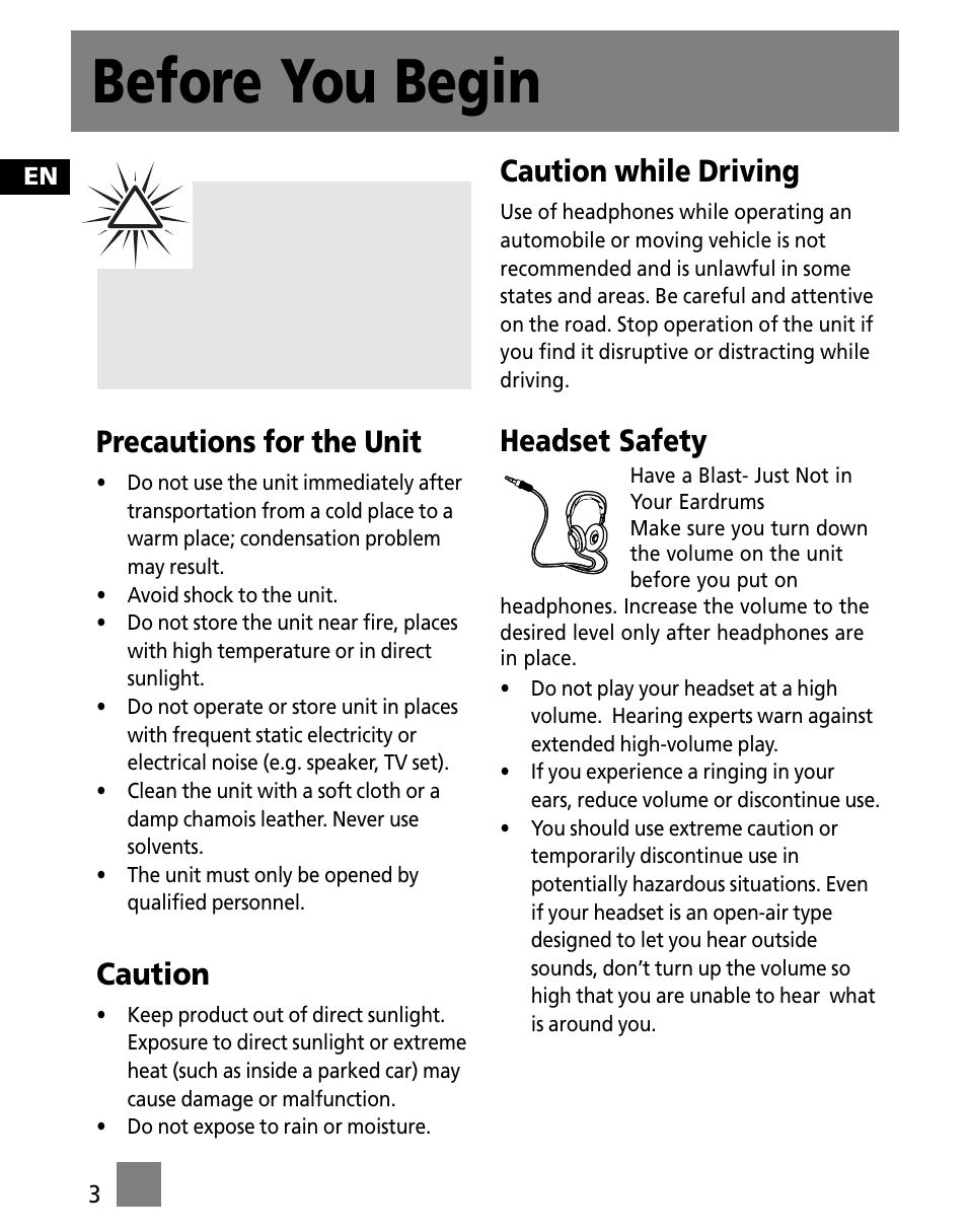 Before you begin, Precautions for the unit, Caution | Caution while driving, Headset safety | RCA TC1502FM User Manual | Page 12 / 48
