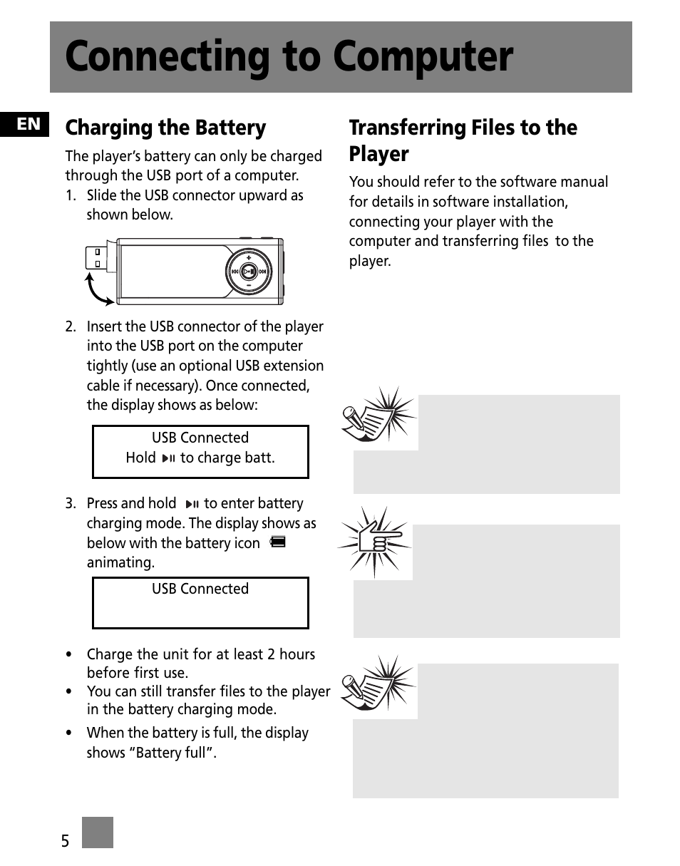 Connecting to computer, Charging the battery, Transferring files to the player | RCA TC1502FM User Manual | Page 14 / 48