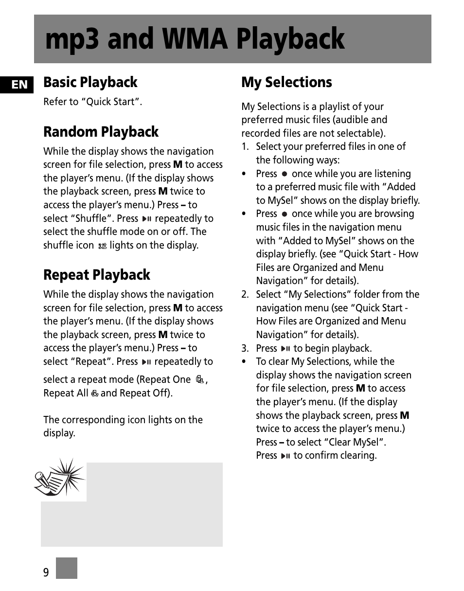 Mp3 and wma playback, Basic playback, Random playback | Repeat playback, My selections | RCA TC1502FM User Manual | Page 18 / 48