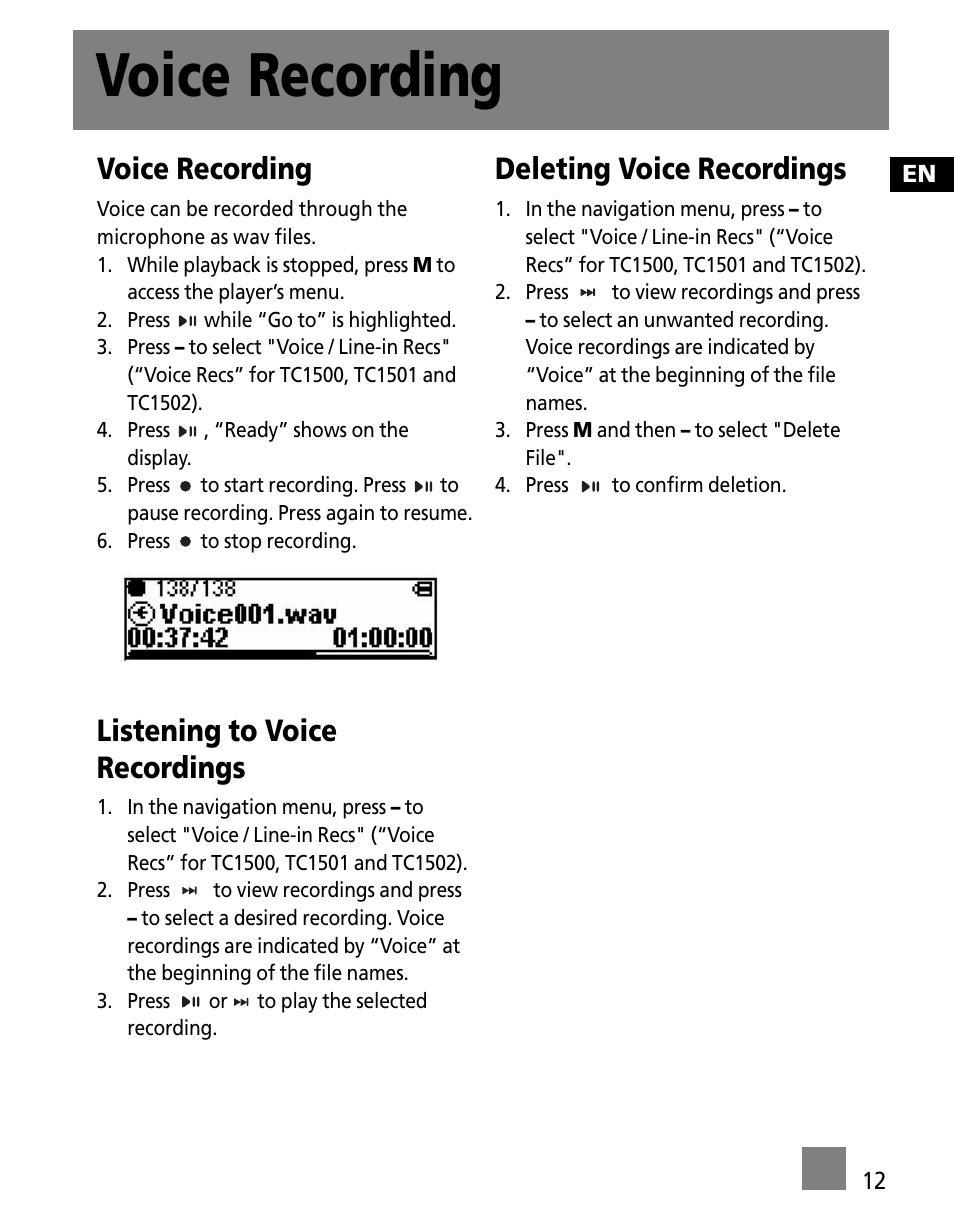 Voice recording, Listening to voice recordings, Deleting voice recordings | RCA TC1502FM User Manual | Page 21 / 48
