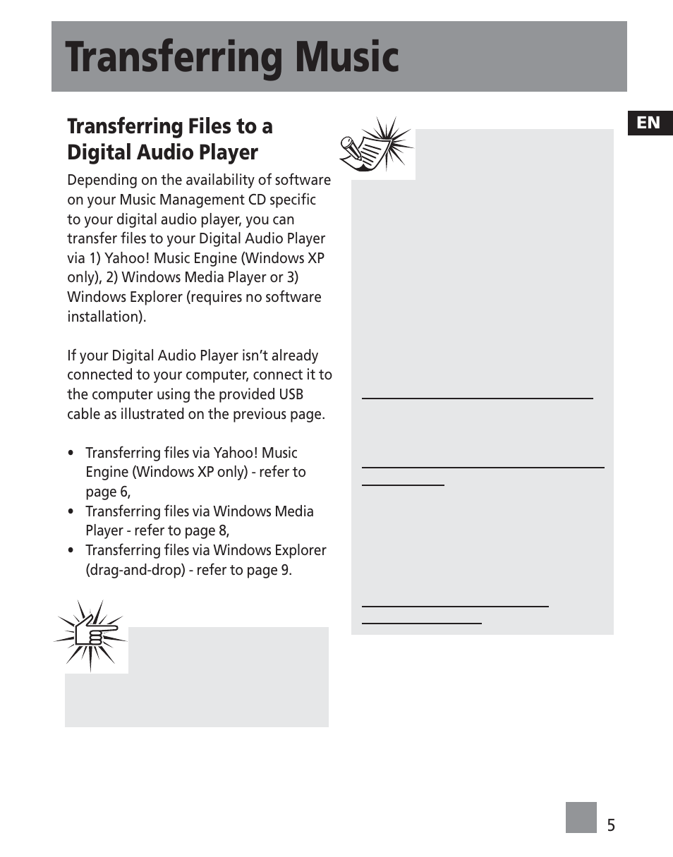 Transferring music, Transferring files to a digital audio player | RCA TC1502FM User Manual | Page 41 / 48