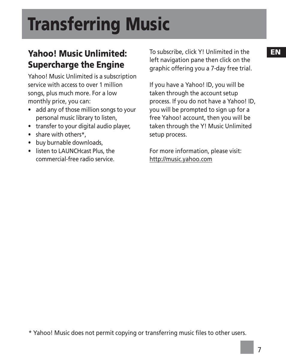 Transferring music, Yahoo! music unlimited: supercharge the engine | RCA TC1502FM User Manual | Page 43 / 48