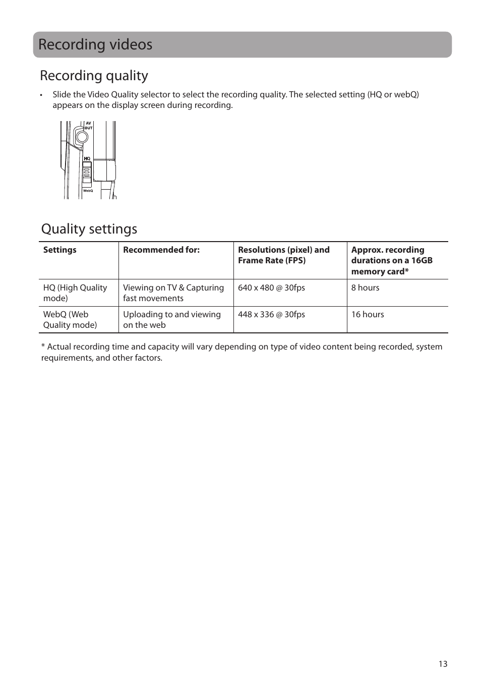 Recording videos, Recording quality, Quality settings | RCA EZ1000PL User Manual | Page 14 / 29