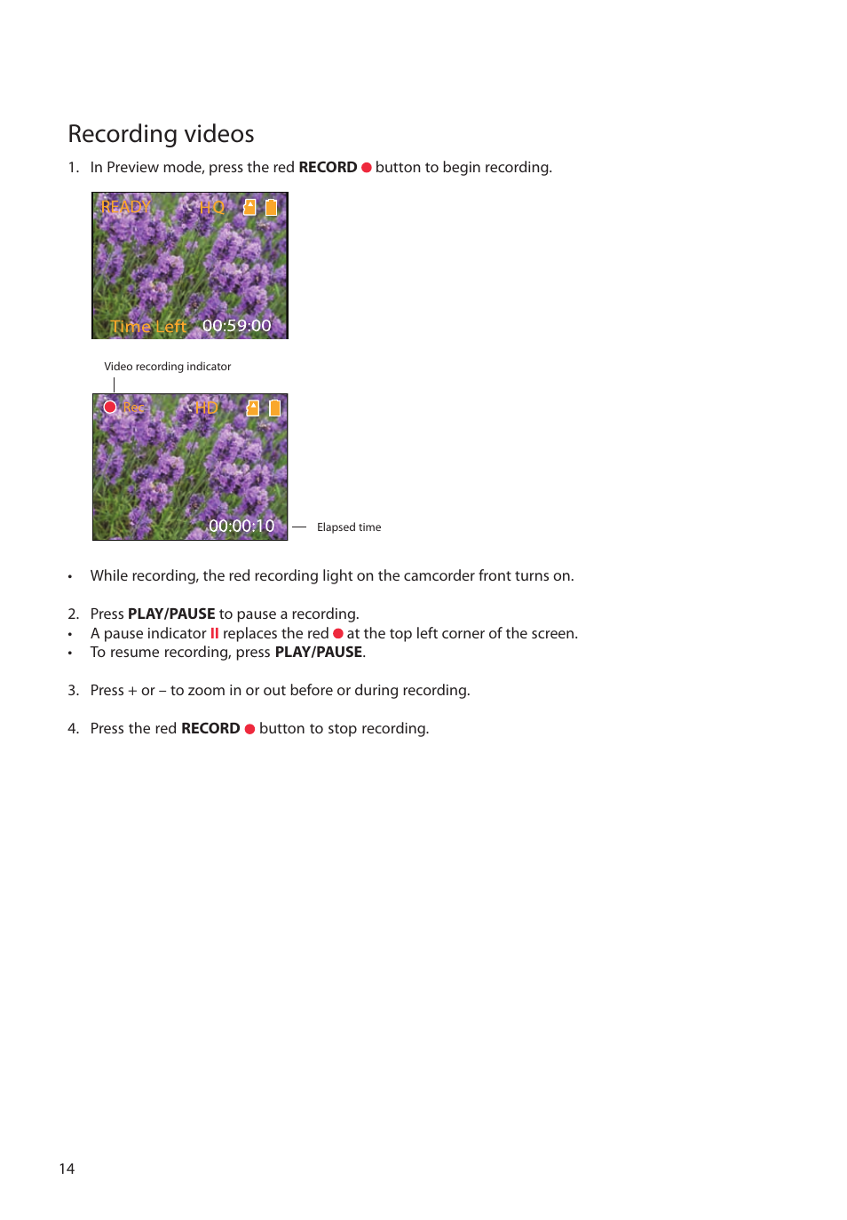 Recording videos | RCA EZ1000PL User Manual | Page 15 / 29