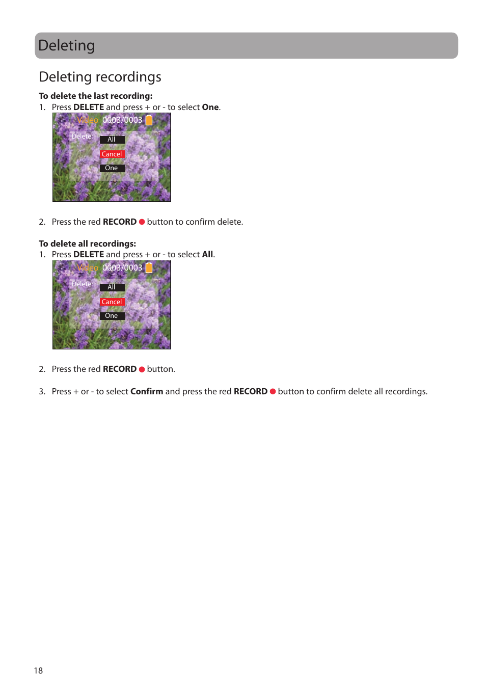 Deleting, Deleting recordings | RCA EZ1000PL User Manual | Page 19 / 29