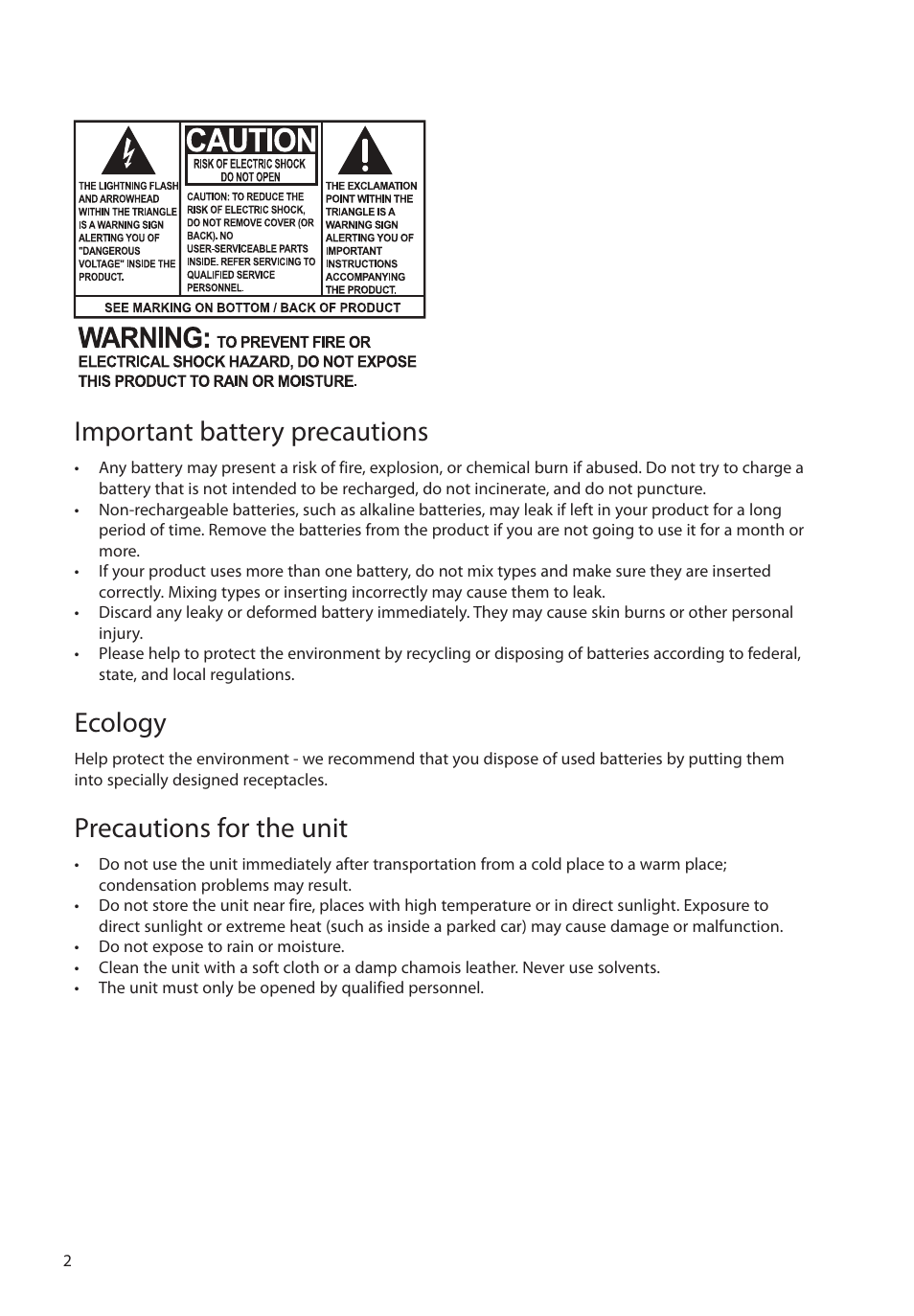 Important battery precautions, Ecology, Precautions for the unit | RCA EZ1000PL User Manual | Page 3 / 29