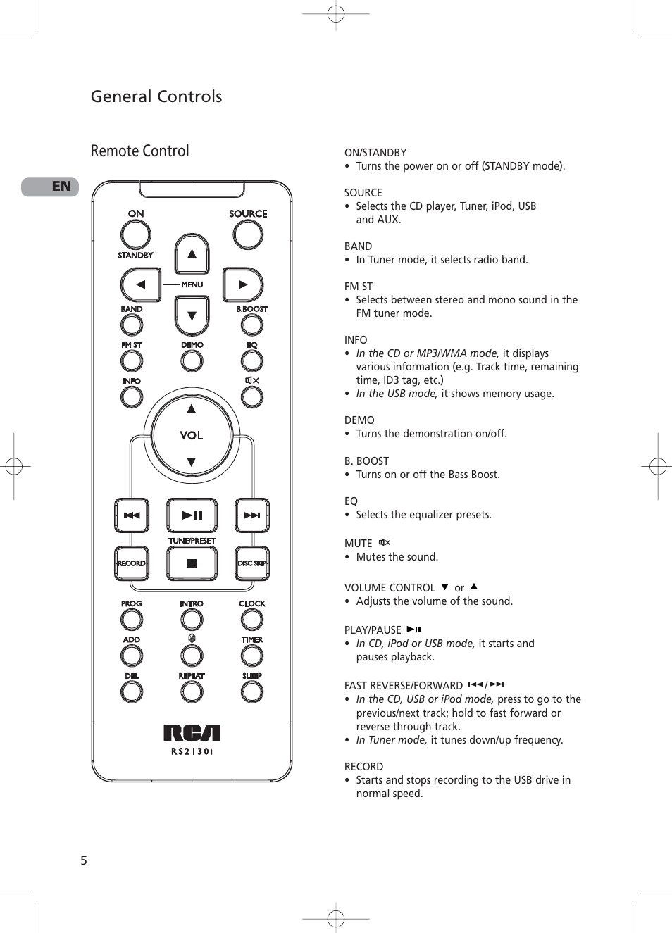 Remote control, General controls | RCA RS2130i User Manual | Page 10 / 26