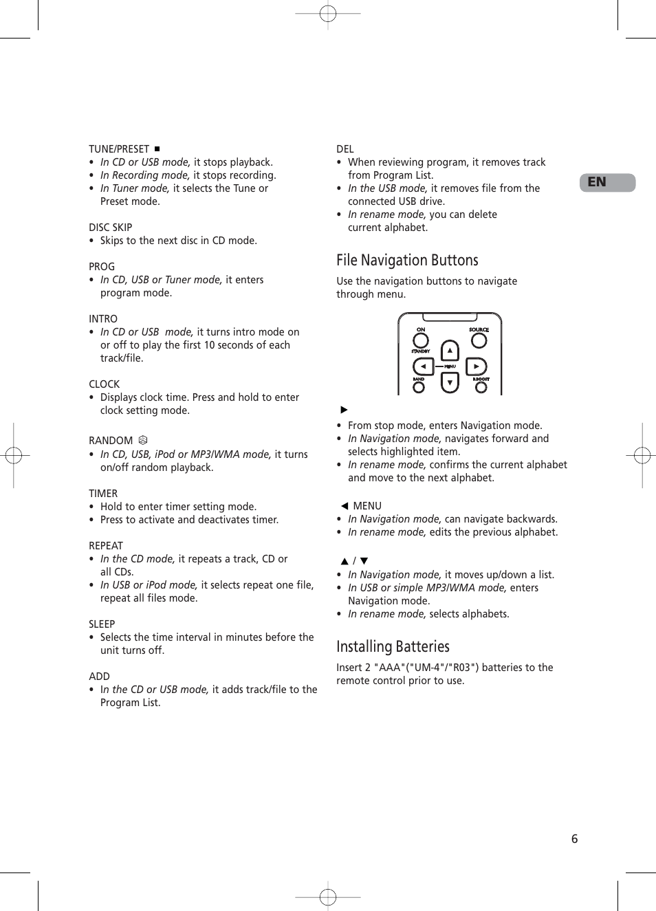 File navigation buttons, Installing batteries | RCA RS2130i User Manual | Page 11 / 26