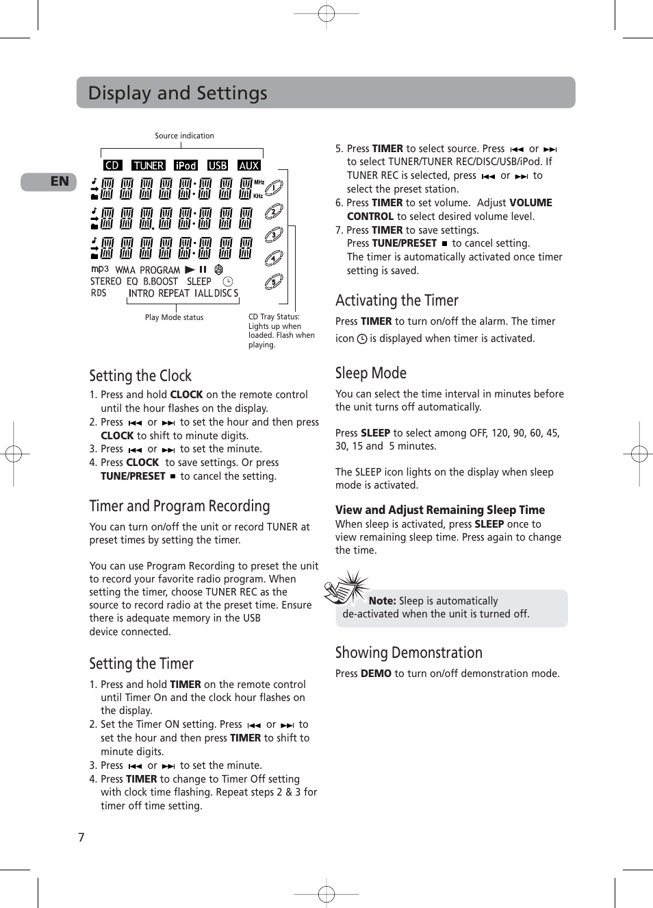 Display and settings, Setting the clock, Timer and program recording | Setting the timer, Activating the timer, Sleep mode, Showing demonstration | RCA RS2130i User Manual | Page 12 / 26