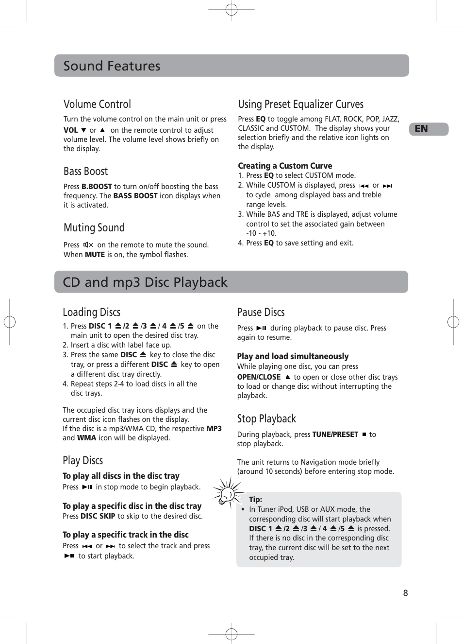 Sound features, Cd and mp3 disc playback, Loading discs | Play discs, Pause discs, Stop playback, Volume control, Bass boost, Muting sound, Using preset equalizer curves | RCA RS2130i User Manual | Page 13 / 26