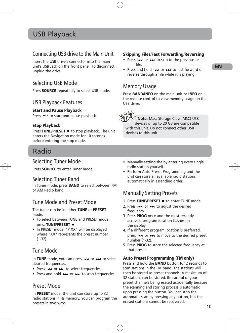 Usb playback, Radio, Connecting usb drive to the main unit | Selecting usb mode, Usb playback features, Selecting tuner mode, Selecting tuner band, Tune mode and preset mode, Tune mode, Preset mode | RCA RS2130i User Manual | Page 15 / 26