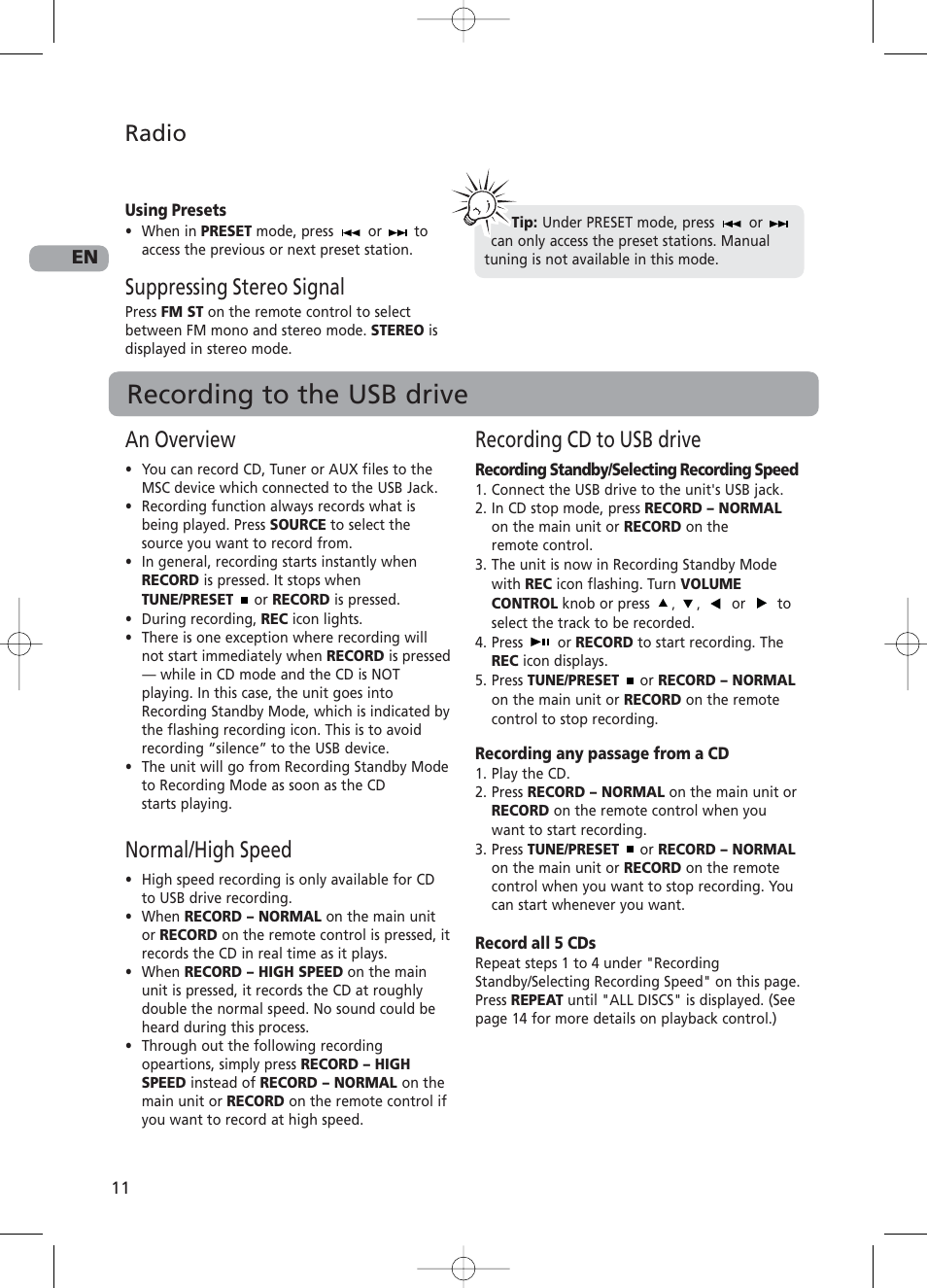 Recording to the usb drive, An overview, Normal/high speed | Recording cd to usb drive, Radio, Suppressing stereo signal | RCA RS2130i User Manual | Page 16 / 26