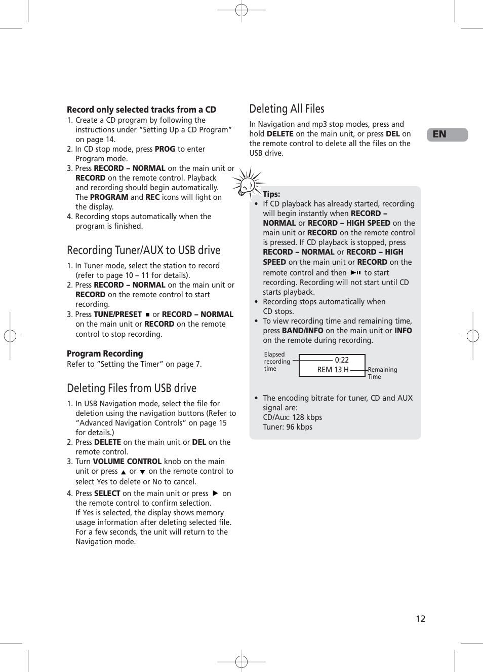 Recording tuner/aux to usb drive, Deleting files from usb drive, Deleting all files | RCA RS2130i User Manual | Page 17 / 26