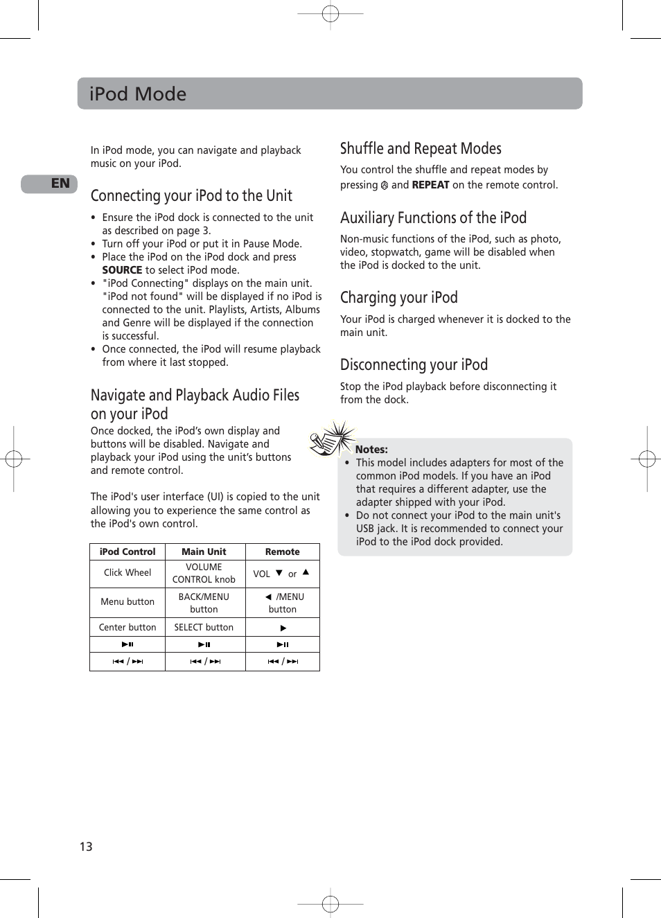 Ipod mode, Connecting your ipod to the unit, Navigate and playback audio files on your ipod | Shuffle and repeat modes, Auxiliary functions of the ipod, Charging your ipod, Disconnecting your ipod | RCA RS2130i User Manual | Page 18 / 26