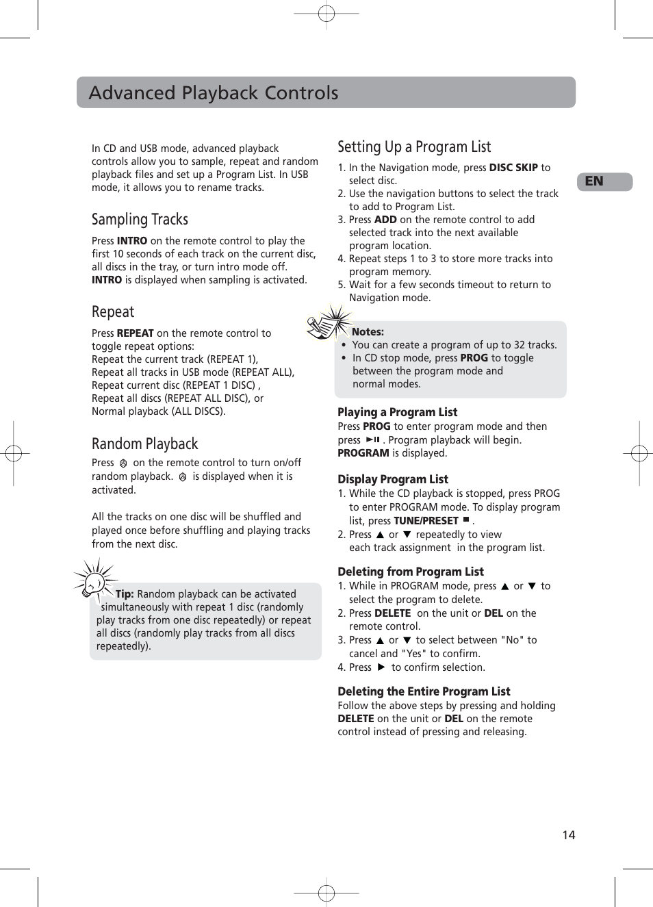 Advanced playback controls, Sampling tracks, Repeat | Random playback, Setting up a program list | RCA RS2130i User Manual | Page 19 / 26