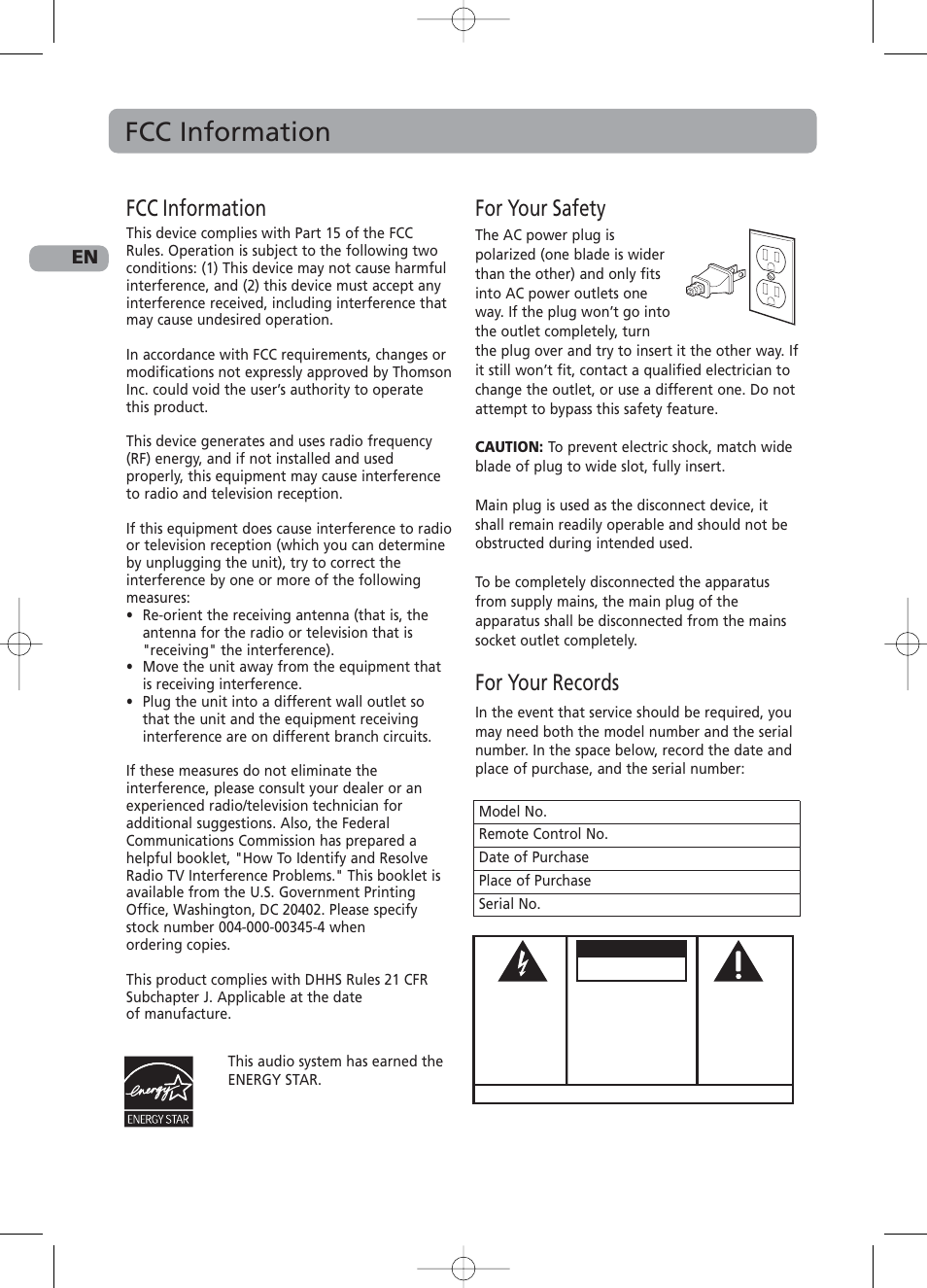 Fcc information, For your safety, For your records | Caution | RCA RS2130i User Manual | Page 2 / 26