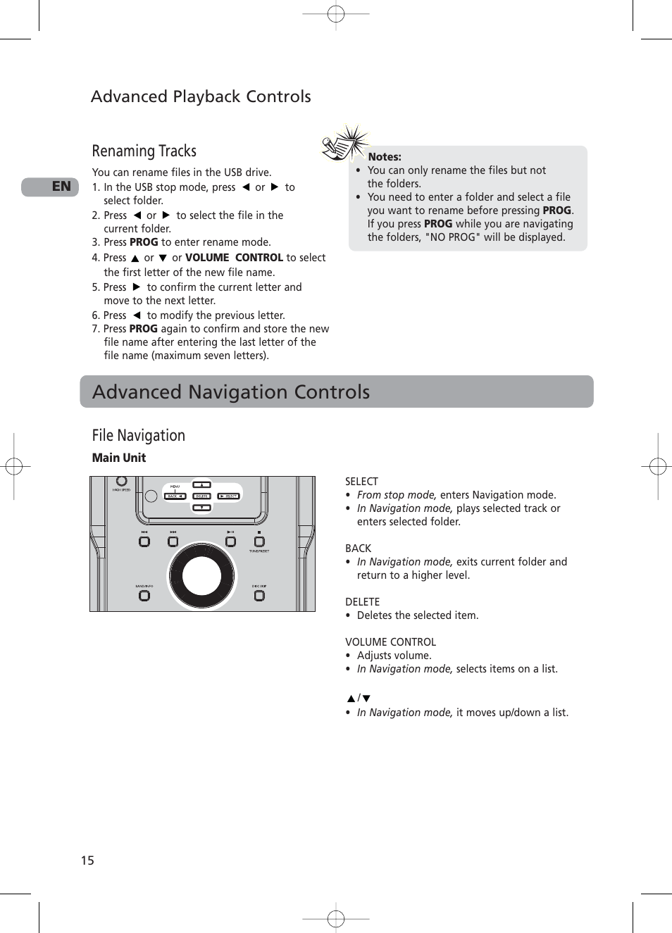 Advanced navigation controls, Advanced playback controls, File navigation | Renaming tracks | RCA RS2130i User Manual | Page 20 / 26